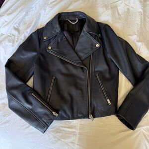 J. Crew Navy Blue 100% Leather Jacket Moto Style Asymmetrical Zipper 8